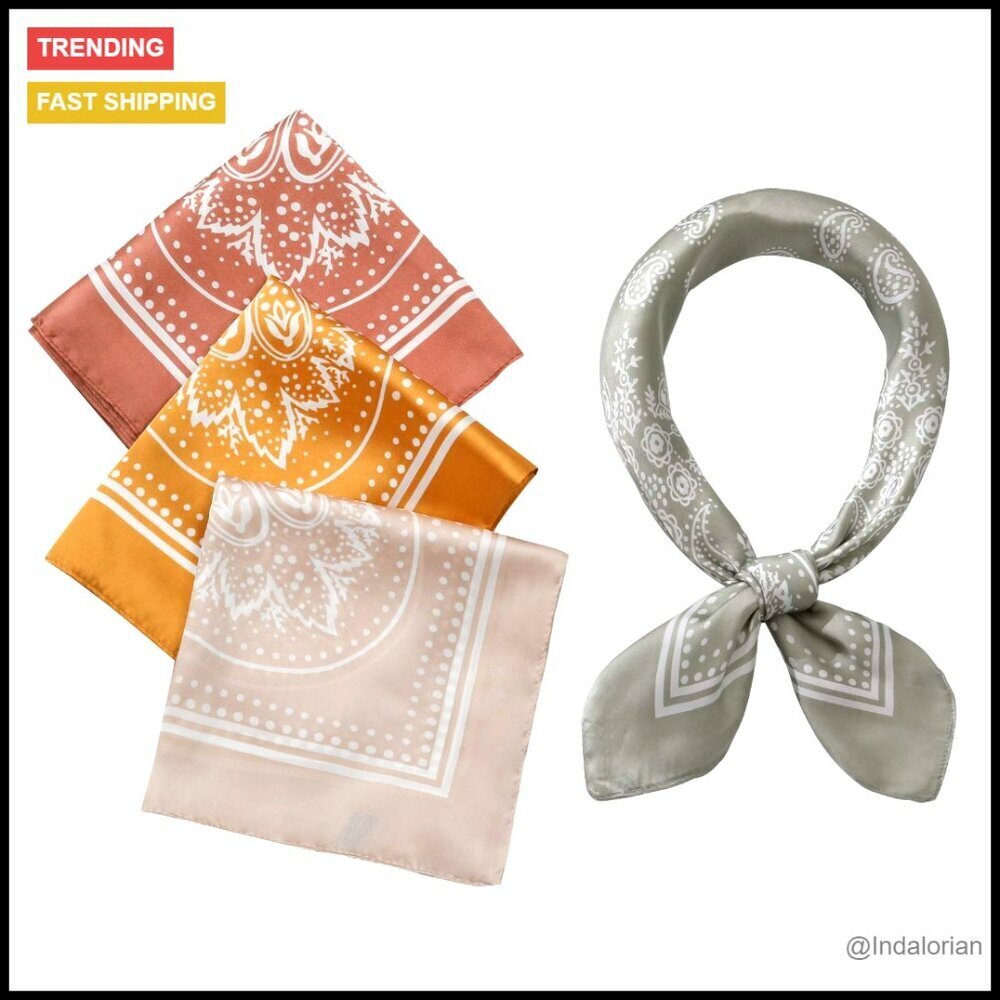 Silk Feel Satin Square Scarves Set of 4 Paisley Pattern Chic Boho Accessories